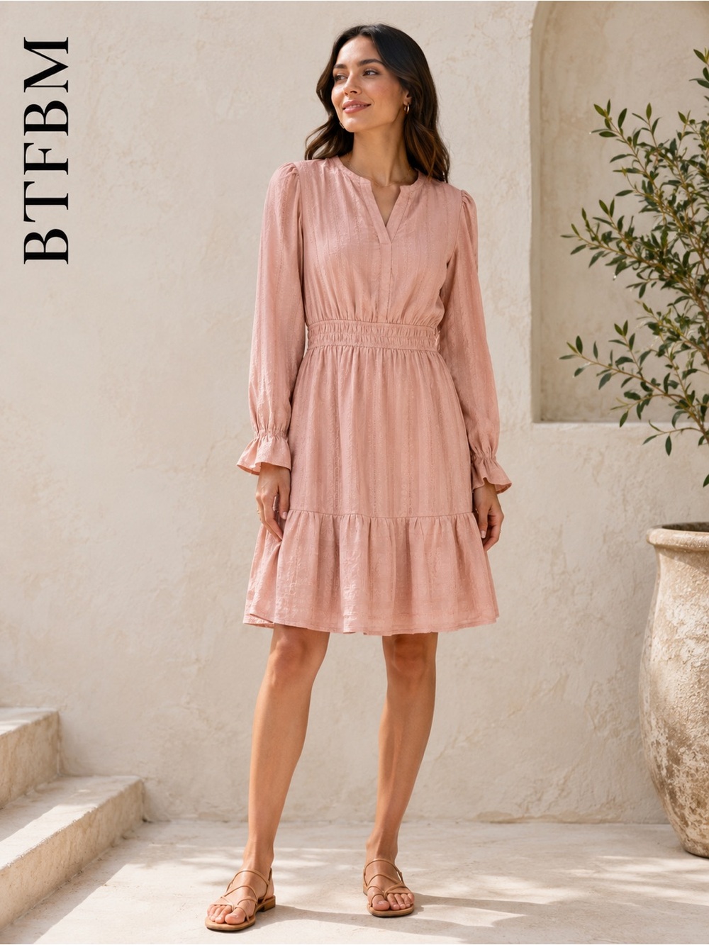 BTFBM Pink Long Sleeve Smocked Waist Tiered Mini Dress Size M